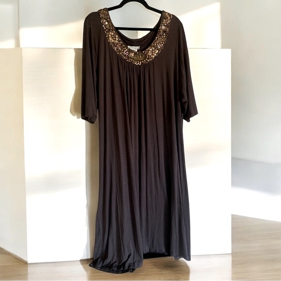 ULLA POPKEN Brown Peasant Dress Midi Sequin Detail Around Neckline Woman’s 20/22 - Picture 1 of 6